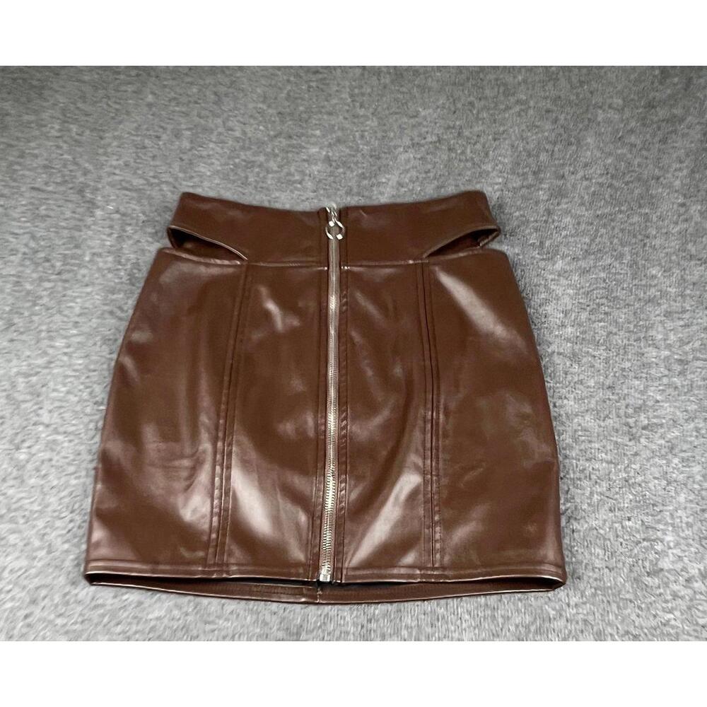 Privy Brown Faux Leather Mini Skirt with Front Zipper Size‎ Small